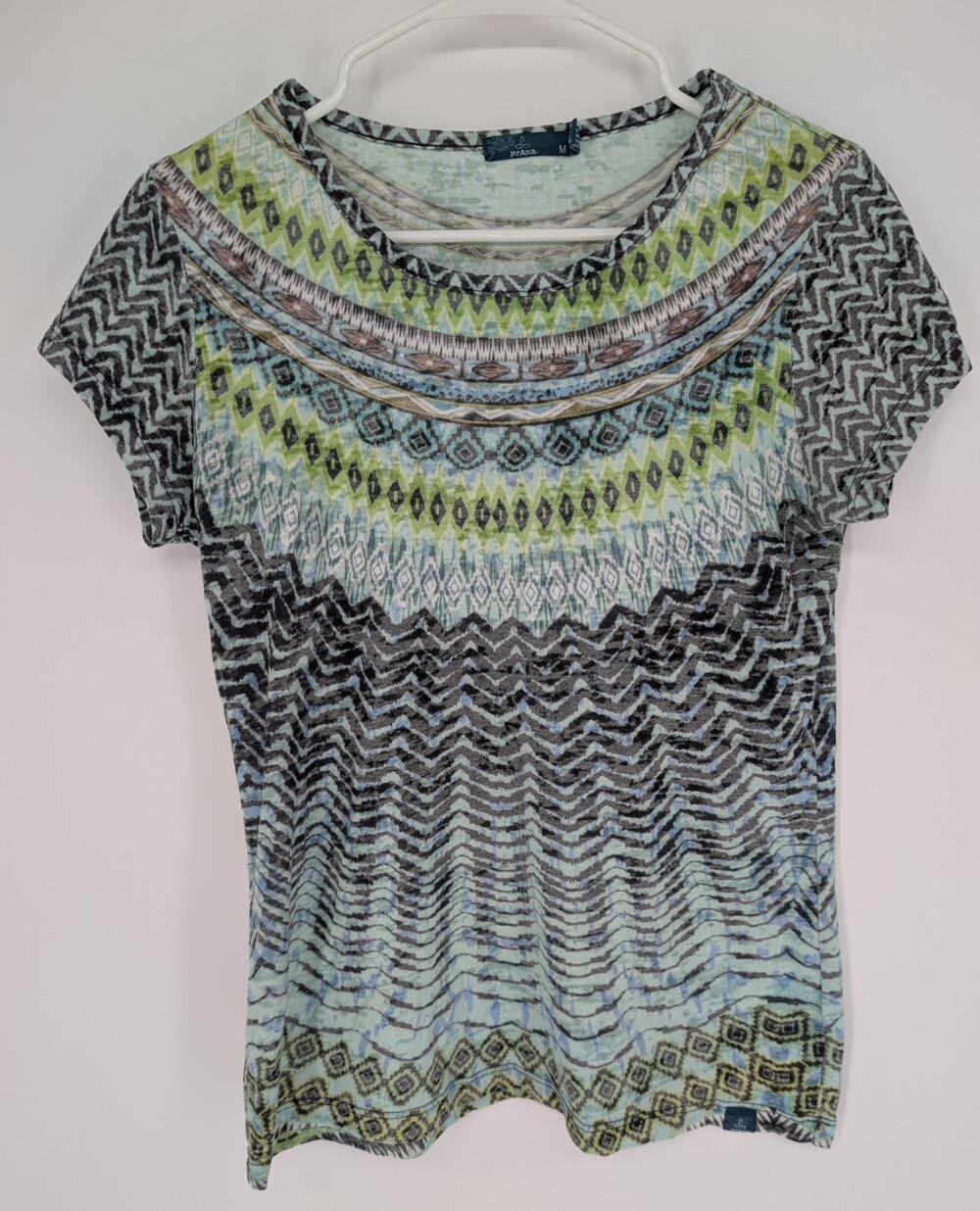 PRANA Shirt Womens Medium M Blue Green Geometric Burn Out Organic Cotton